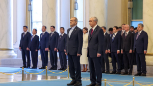 Kazakhstan's president hosts Iranian counterpart at Presidential Palace ceremony

